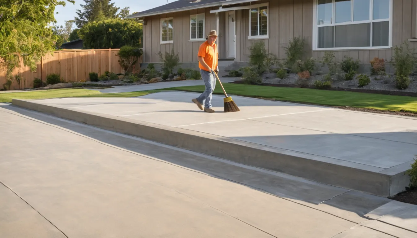 Homeowner reviewing a fresh concrete driveway with a local provider in the Pevely area